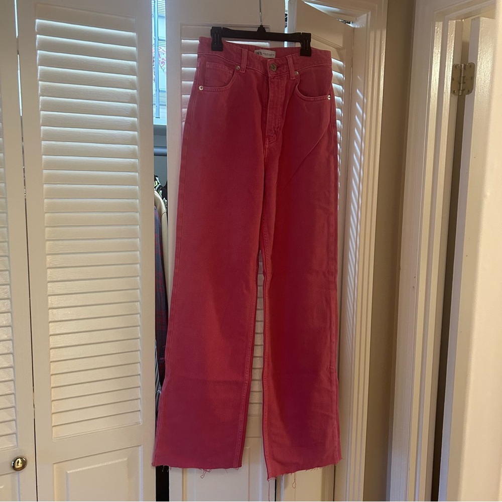 Zara Raw Hem Wide Leg Pink Jeans